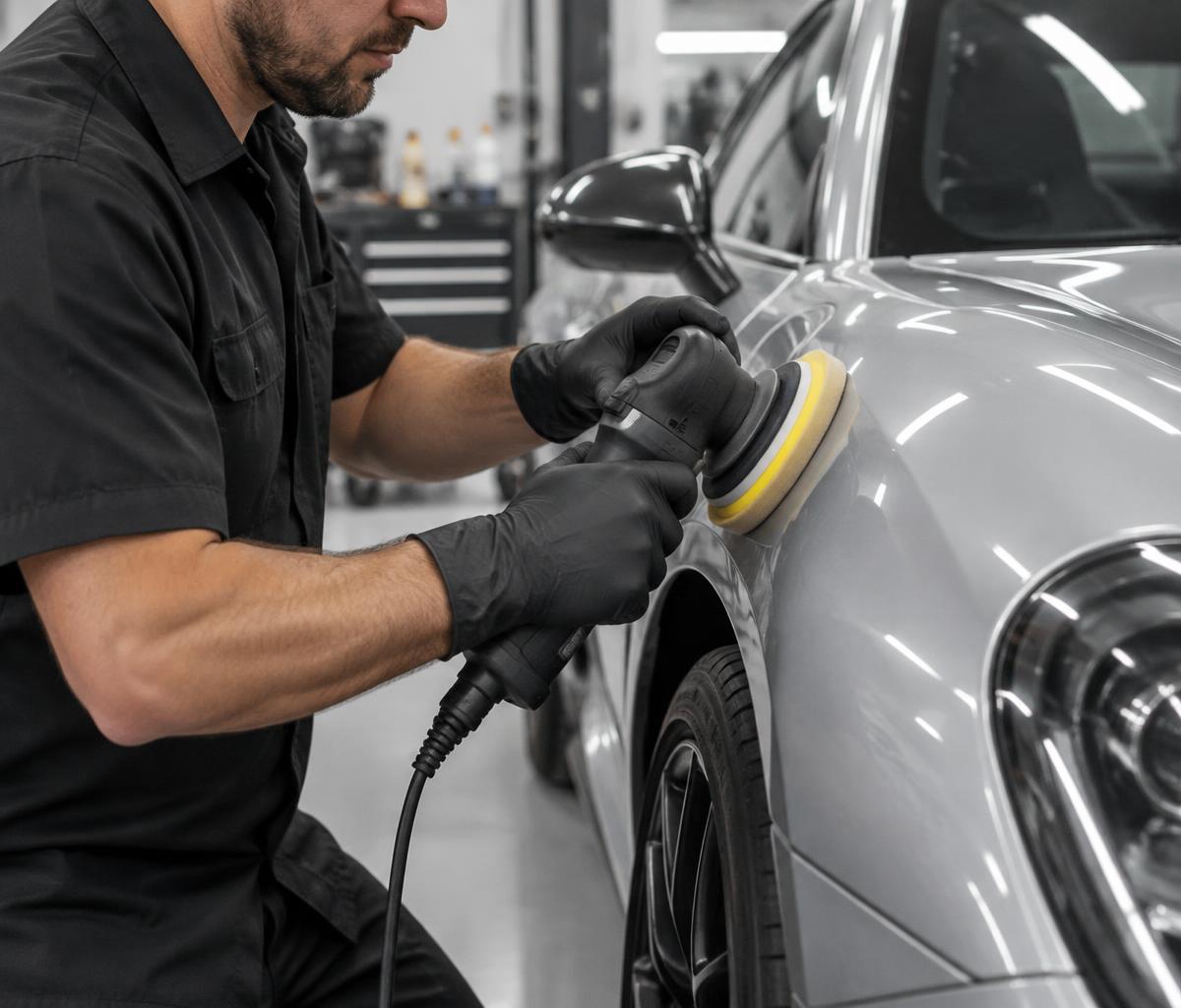 Careful polishing of a silver vehicle's bodywork